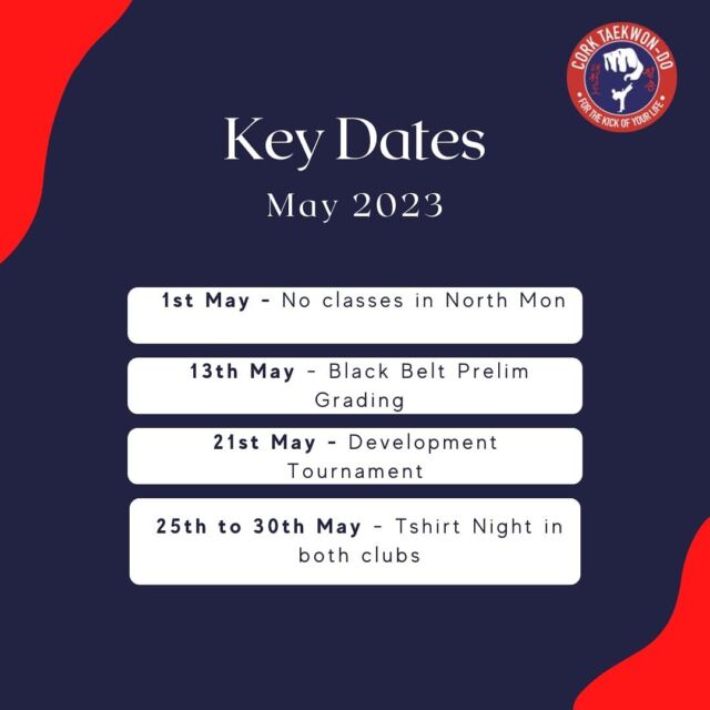 Some dates for your diary for this month 📒 

Last classes of the month will be T-shirt night in both clubs and stripe days for KUBZ 👍🏼 

Black tags & black belts are preparing for prelims on 13th May. 

Development competition 21st May - open to all members white belt to green tag 😊